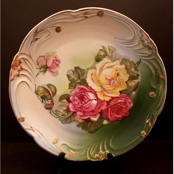 Bavaria Round Platter Porcelain Plate Pink Yellow Roses Green Gold Vintage - Picture 1 of 10